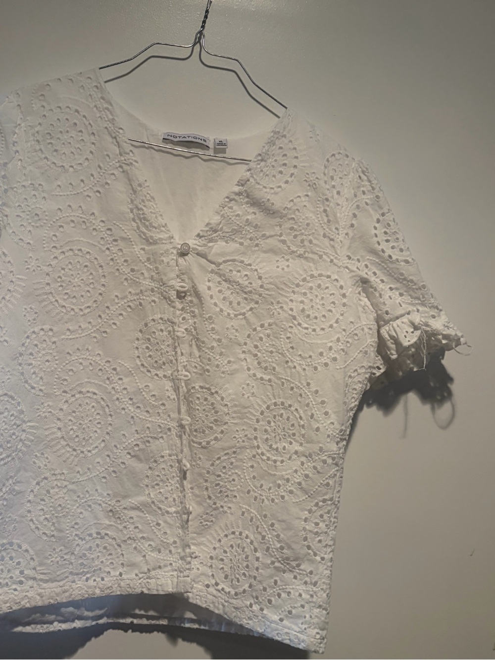 Notations White Eyelet V-Neck Button Front Short Sleeve Top